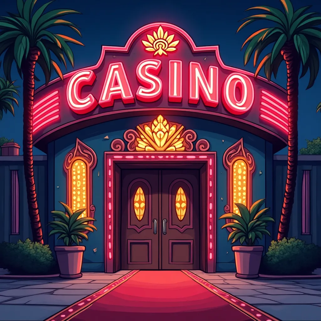 Cartoon casino slot machine illustration with neon purple lights